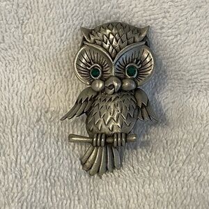 Vintage Pewter JJ Owl Brooch Pin Green Eye Rhinestones